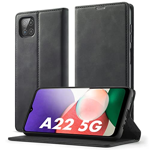 Vansdon Funda para Samsung Galaxy A22 5G, Premium Piel Carcasa, Soporte Plegable Tapa Flip de PU Ranuras Tarjetas Magnético Protección, Negro Cover