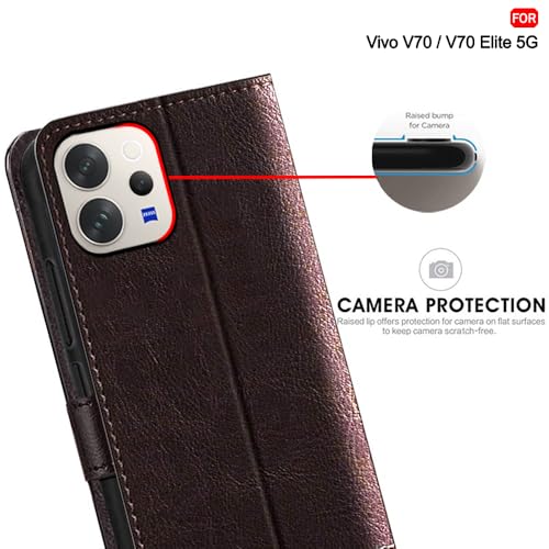 Image of TheGiftKart Flip Back Cover Case for Vivo V70 / V70 Elite 5G | Dual-Color Leather Finish | Inbuilt Stand & Pockets | Wallet Style Flip Back Case Cover (Faux Leather, Coffee & Brown)