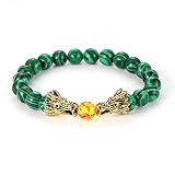 Musihy Bolitas para Pulseras, Cuentas Verdes para Pulseras Brazalete Elástico de Doble Dragón Dorado con Piedra Natural de 8 MM Longitud 19CM