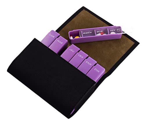 MEDIPILL - MED-S28P Pilulier Semainier Français - UNE PIECE - 7 Jours / 28 Compartiments - Pilulier Hebdomadaire - Boîte à médicaments - Boîte à pilules cardio - Pochette pilulier (Noir & violet) Cover