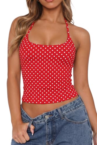QINSEN Womens Square Neck Camisole Tank Halter Sleeveless Basic Cami Shirts Red with White Polka Dots S