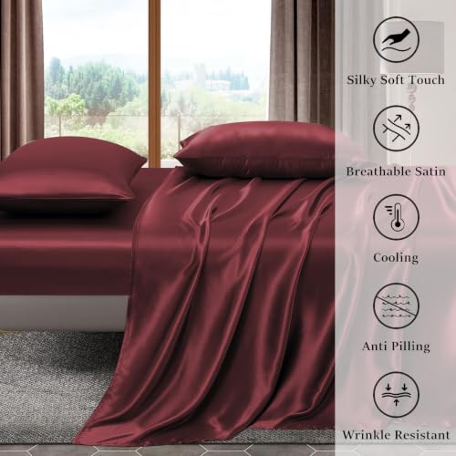 Image of Homestan Satin Bedsheet for King Size Bed with 2 Pillow Covers, Modern Bed Sheet for Romantic Nights(100x108 inches, Maroon)