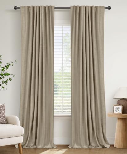 Image of 100% Blackout Shield Linen Blackout Curtains for Bedroom 90 Inches Long, Back Tab /Rod Pocket Living Room Drapes, Thermal Insulated Blackout Curtains 2 Panels Set, 50 inch W x 90 inch L, Plaza Taupe