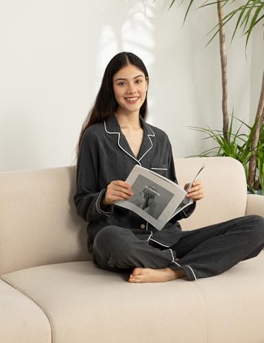 Image of Womens Muslin Pajama Set 100% Cotton Double Gauze Linen Like | Breathable Soft Comfort Button Up Loungewear Sleepwear PJ Set