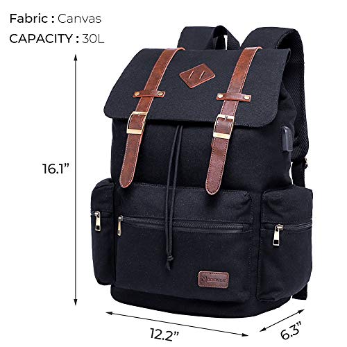 Modoker Vintage Rucksack Backpack for Women Men, Canvas Travel School Backpack Fits 15.6 Inch Laptop, Bookbag Black Fashion Daypack with USB Charging Port