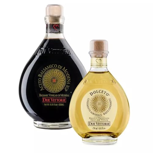 Set Oro Blanco y Oro Negro Due Vittorie: Vinagre Balsámico de Modena IGP Oro 500 ml y Blanco Dolceto 250 ml
