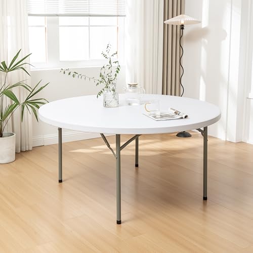 Image of BTEXPERT White 5 Ft 60inch Round Plastic Folding Table Full Top Commercial Portable Indoor Outdoor Accessory for Patio Backyard Dining Wedding Party Events Home Kitchen