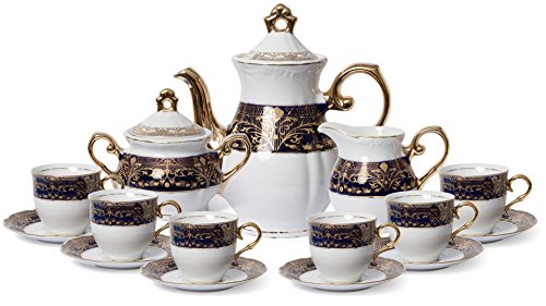Euro Porcelain Premium 17-pc Dark Cobalt Blue Tea Cup Coffee Set, 24K Gold-Plated Vintage Flower Pattern, Complete Service for 6, Original Czech Tableware