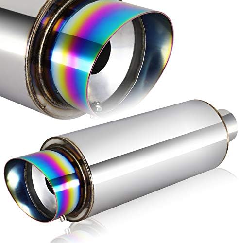 Universal 2.5" Inlet 4" Outlet Burnt Exhaust Tip Muffler Stainless Steel Universal 18" Length, Fireball Rainbow Burnt Tip, Weld On, Exhaust Muffler (JDM N1 Style)