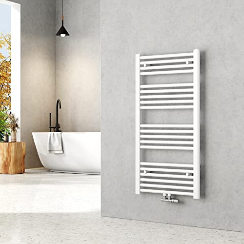 EMKE Radiador de Baño 100 x 50 cm, Toallero de Agua Caliente con Conexión Central, Calienta Toallas de Pared, Blanco, 427W,Toallero Baño,Instalación Sencilla
