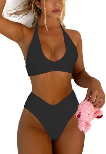 Women's Sexy High Leg Triangle Halter Bikini Set Padded Cup Bikini Cheeky Swimsuit V Cut Thong Bathing Suit