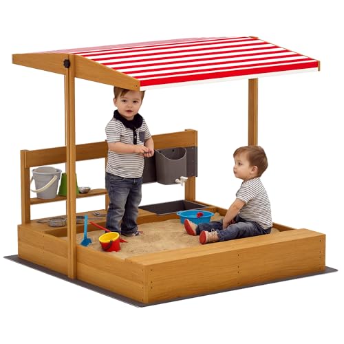 Outsunny Sabbiera per bambini in legno con tetto regolabile, sabbiera per bambini con giocattoli da cucina, ripiano e 2 sedili, gioco per dai 3 ai 7 anni, per cortile, giardino, 114x110x110