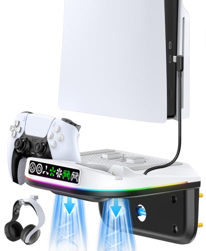 Image of PS5 Wall Mount Kit with Cooling Fan and Charging Station Compatible with PS5 / Slim /Pro Disc and Digital, PS Five Floating Shelf with 9 RGB Lights, PS 5 Mount Behind TV, Sony PSP Cables