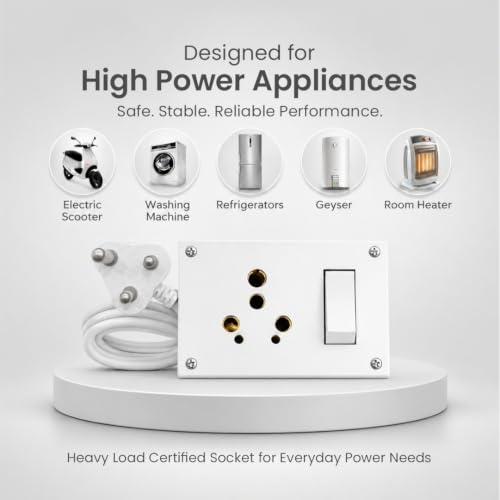 Image of 16A Heavy Duty Extension Board with 3 Core ISI Certified Full Gauge Copper Wire, Fire Retardant, Switch Box & Socket, 2200W Power Strip for Home Appliance & EV Charger 3M Cable