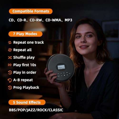 Image of Arafuna Portable CD Player with Bluetooth, Rechargeable CD Player for Car /Home with Headphones, Anti-Skip, LCD Display, AUX /TF Card Port (Black)