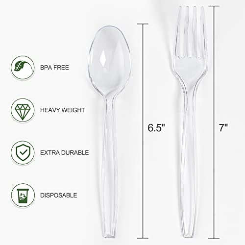 [200 Count] Heavy Duty Plastic Forks And Spoons Set - Disposable Spoons And Forks Silverware, 100 Plastic Forks And 100 Plastic Spoons For Party - Clear #TOP1