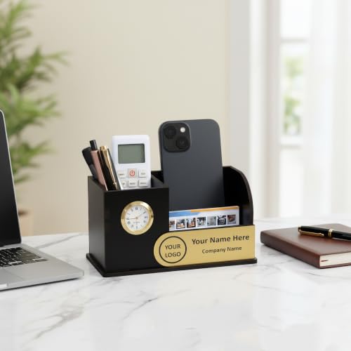 Image of Deskart Personalized Wooden Desk Organizer with Clock & Name Plate | Premium MDF Pen Stand, Mobile Holder, Visiting Card Holder & Office Table Organizer for Home and Office Desk