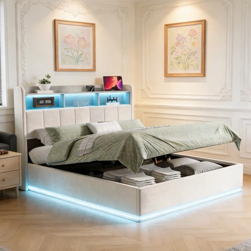 Cama de 140 x 190 cm, cama doble acolchada con espacio de almacenamiento hidráulico y somier de láminas, marco de cama con LED y USB Cama con somier para adultos adolescentes, sin colchón (terciopelo