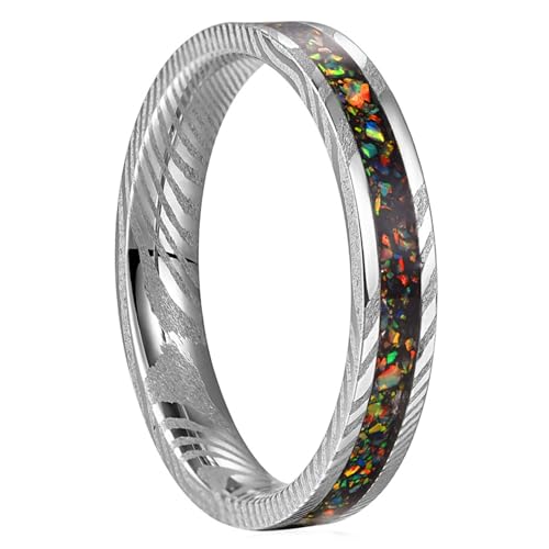 NUNCAD Damascus Steel Ring for Men Blue Grooved/Crushed Opal Inlay 4mm 8mm Wedding Band Comfort Fit Size 6-12