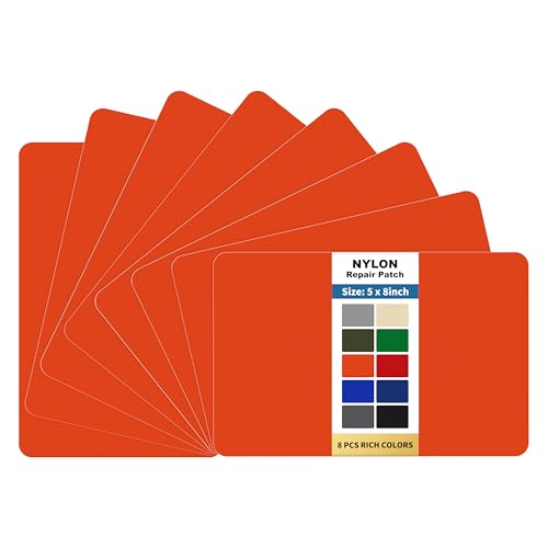 KING MOUNTAIN Self Adhesive Nylon Fabric Repair Patch, 5×8 Inches 8 Pcs, Quick Down Jacket Repair Patch, Waterproof Outdoor Gear Patch Kit for Tent,Backpacks,Umbrella, Gloves, Sleeping Bag (Orange