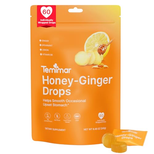 Temimar Honey-Ginger Drops for Nausea Relief Support Upset Stomach & Motion Sickness Relief Added Ginger & Vitamin B6 for Pregnant Women Morning Sickness 60 Individually Lozenges