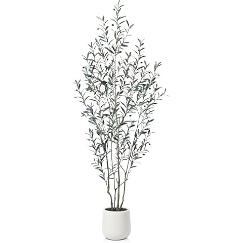 OAKRED Artificial Olive Tree, 7FT Fake Silk Plants with White Planter, Tall Artificial Plants Indoor, Faux Olive Tree for Home Living Room Decor, Set of 1 Cover