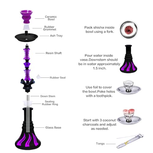 22" Hookah Set with Everything,Premium Hookah Shisha set,Up to 4 Persons Hookah Complete Set with 100 Disposable Tips,50 Pre-Punched Aluminum Foil,20 Coals(PURPLE) - Image 4