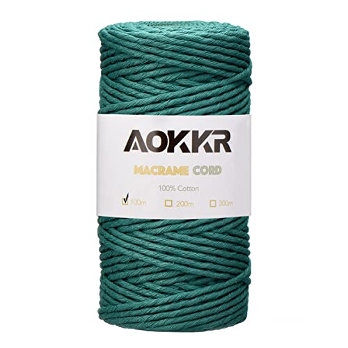 AOKKR Makramee Garn 3mm x 100m, Baumwollgarn aus 1-Strang Gedrehte, Nicht leicht auszufasern, Natürlicher Baumwollseil für Basteln, Wandbehänge, Dekorationsprojekte, Recycelbar - Dunkelgrün Cover