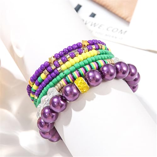 Dreuyet Mardi Gras Bracelets for Women Charm Purple Green Gold Beaded Stretch Bracelets Fashion Simple Fleur De Lis Bracelets Carnival Holiday Accessory Party Gifts3