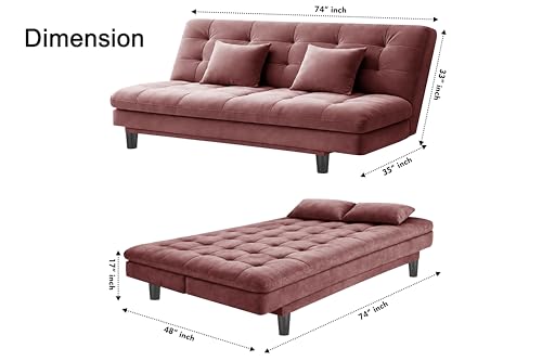 Image of 3-Seater Velvet Sofa Cum Bed, Tufted Convertible Sleeper Couch Space-Saving Design, Comfortable Cushioned Seating - Rose Pink Color