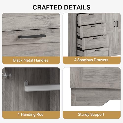 GarveeHome Multifunctional Wooden Dresser for Bedroom, 43.3'' H 2 Door Wardrobe Armoire Closet with 4 Drawers and Hanging Rod, Low Storage Cabinet for Hanging Cloth, Gray