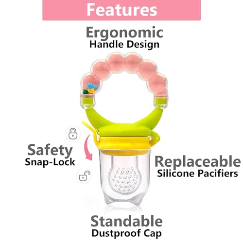 Image of BabyBee Fruit Feeder Pacifier with Rattle (1 Pcs) with 1 PCS Silicone Baby Food Dispensing Spoon 90ML and 1 pcs Fruit Teether 1pcs Finger Brush 1 pcs Baby bib (Blue)
