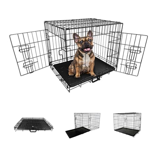 Straame Heavy-Duty Folding Dog Crate for Large Dogs 92 × 57 × 63 cm (36) Black Metal Cage with Front & Side Doors Chew-Resistant Removable Easy-Clean Plastic Tray & Carry Handle