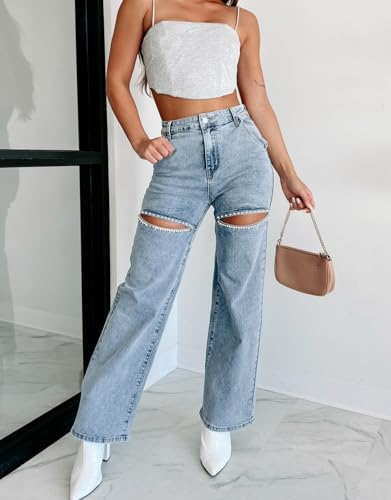 Kedera Women High Waist Denim Jeans Rhinestone Trim Bling Jeans Plus Size Denim Pants3