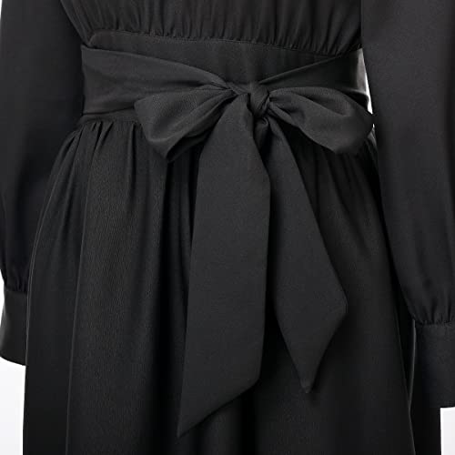 Image of CAMDOM Church Clergy Dress for Women Long Sleeve A Line Elegant Maxi Dress with Tab Insert Stand Collar and BeltA