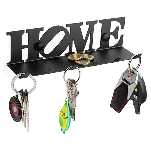 etterr • Cuelgallaves Metálico con Repisa HOME • Llavero de Pared • Organizador de Entrada y Recibidor • Estante Vaciabolsillos con 6 Ganchos para Pasillo, Cocina, Oficina • Estantería pequeña