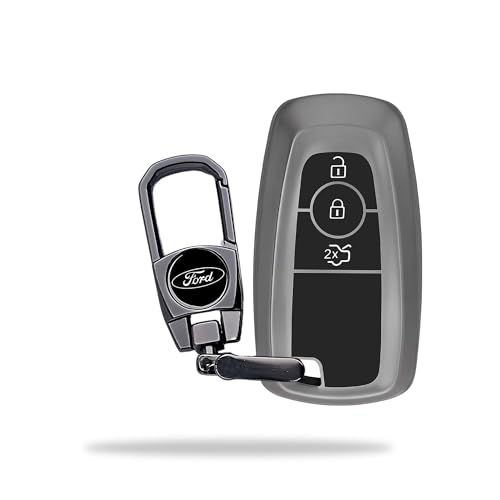 Image of SIAGO Premium TPU Car Key Cover and Metal Keychain Compatible with Endeavour | Figo | Aspire | Freestyle Titanium 3 Button Flip Key (Grey)