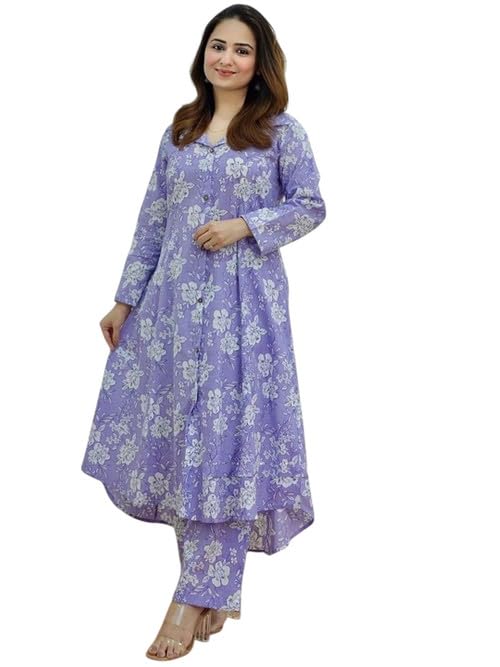 Image of Women's Cotton Kurta with Trousers Set, Floral Print, Regular Fit