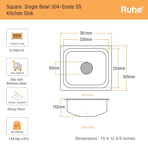 Image of Ruhe Hydraulic Square Single Bowl Kitchen Sink - 15x12x6 inches | 304-Grade Stainless Steel Sink with Glossy Finish | Kitchen Sink Including Coupling and Waste Pipe