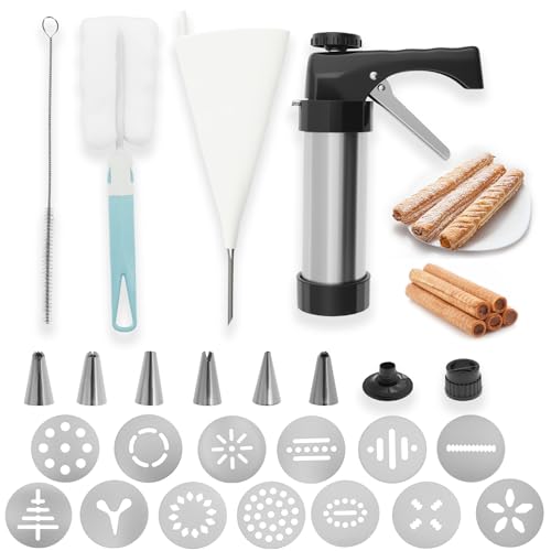 Ghshanog Churro Maker Kit Stainless Steel Churro Maker with Piping Bag/ 9P Nozzle/ 13 Flower Pieces/ 2 Brushes Multifunctional Cookie Press Machine for Home Basking