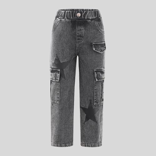 Baggy Cargo Jeans for Toddler Girls Elastic Waist Flap Pocket Star Y2k Straight Leg Pull On Denim Pants Kids 4-8 Y4