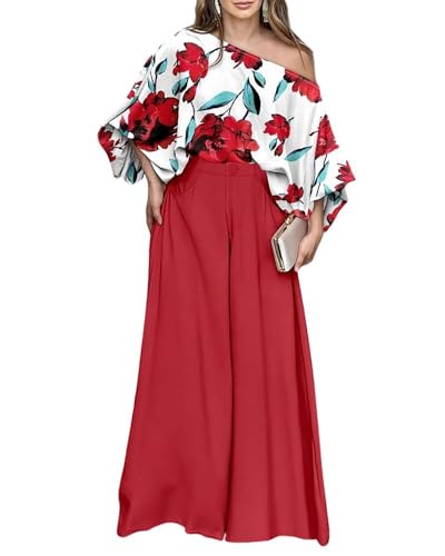 Image of CHICME Women Summer 2 Piece Outfits Off Shoulder Top Flowy Wide Leg Pants Set Vacation Travel Airport Outfits