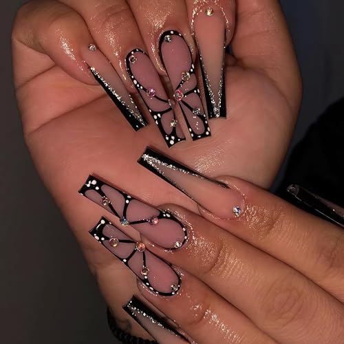 IMSOHOT Coffin Press on Nails Extra Long Matte Fake Nails Black Butterfly French Tips False Nails with Rhinestone Designs Glossy Ballerina Pink Acrylic Nails Full Cover Glue on Nails for Women 24Pcs