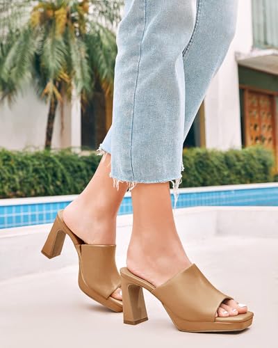 Image of Womens Platform Chunky Heels Mules Square Open Toe High Heeled Sandals Slip On Slides Dress Shoes