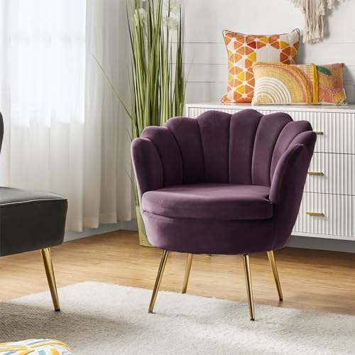 Image of HULALA HOME Modern Velvet Accent Chair with Shell Shaped Back, Cute Living Room Bedroom Armchair Sofa Chair with Gold Legs, Comfy Upholstered Vanity Chair for Makeup Room, Purple