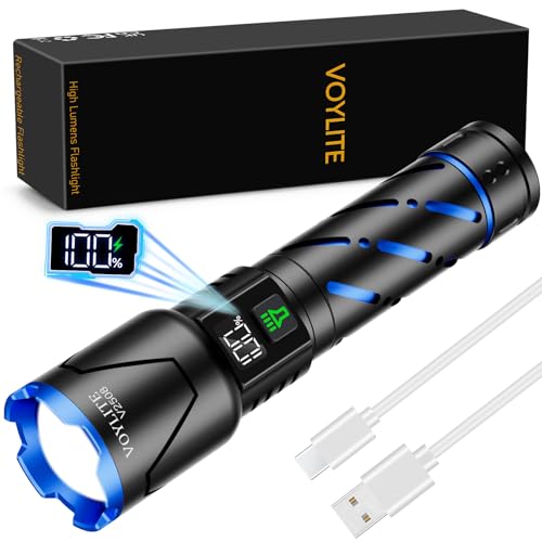 Voylite Rechargeable Flashlights High Lumens - 5000 LM, 5000mAh Battery with LCD Display, 3 Modes, Zoomable & IP67 Waterproof - for Camping, Dog Walking, Emergencies