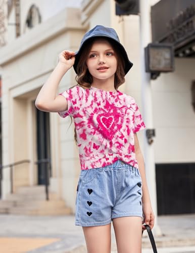 Image of Arshiner Girls Casual Tie Dye Short-Sleeve T-Shirt Cute Print Summer Blouse for Girls Twist Front Tunic Tee Tops