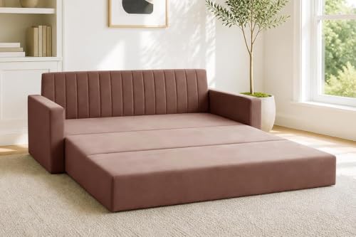 Image of Modern Three Seater Sofa Cum Bed with Armrest, Velvet Fabric Sofa for Living Room, Space Saving Foldable Sleeper Sofa - Brown