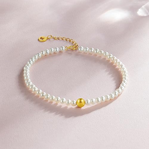 18kt Gold Bracelet for Women, 18K Gold Freshwater Pearl Bead Bracelet Dainty Jewelry Fashion Yellow Gold Link Bracelet for Girlfriends3