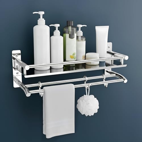Plantex Premium Stainless Steel Bathroom Shelf/Multipurpose Rack with Towel Hooks & Hanger/Rod/Bathroom Organiser with Drill/Bathroom Stand-(2-Tier,Chrome)